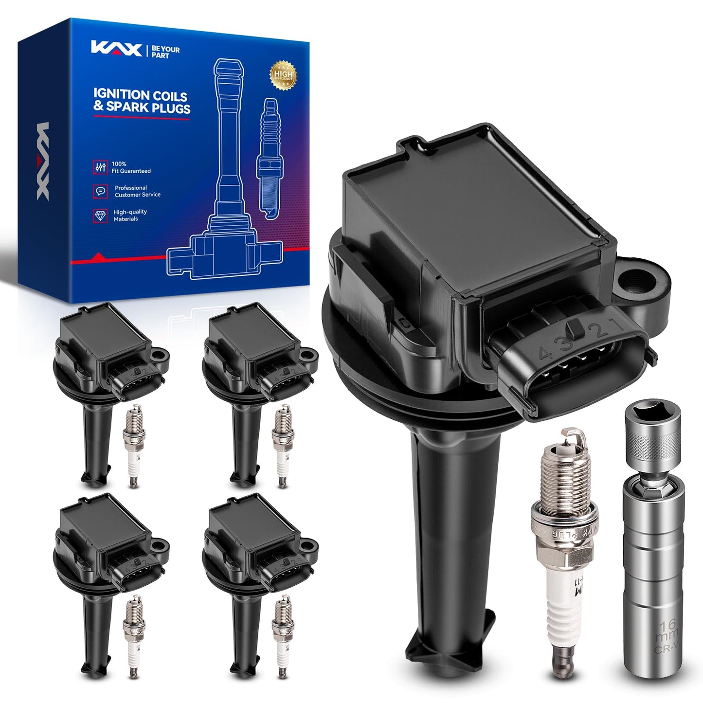 KAX Set of 5 UF341 Ignition Coil Pack & Iridium Spark Plugs w/Magnetic Socket for Volvo 2003-2006 XC90, XC70 1999-2006 V70, S80,